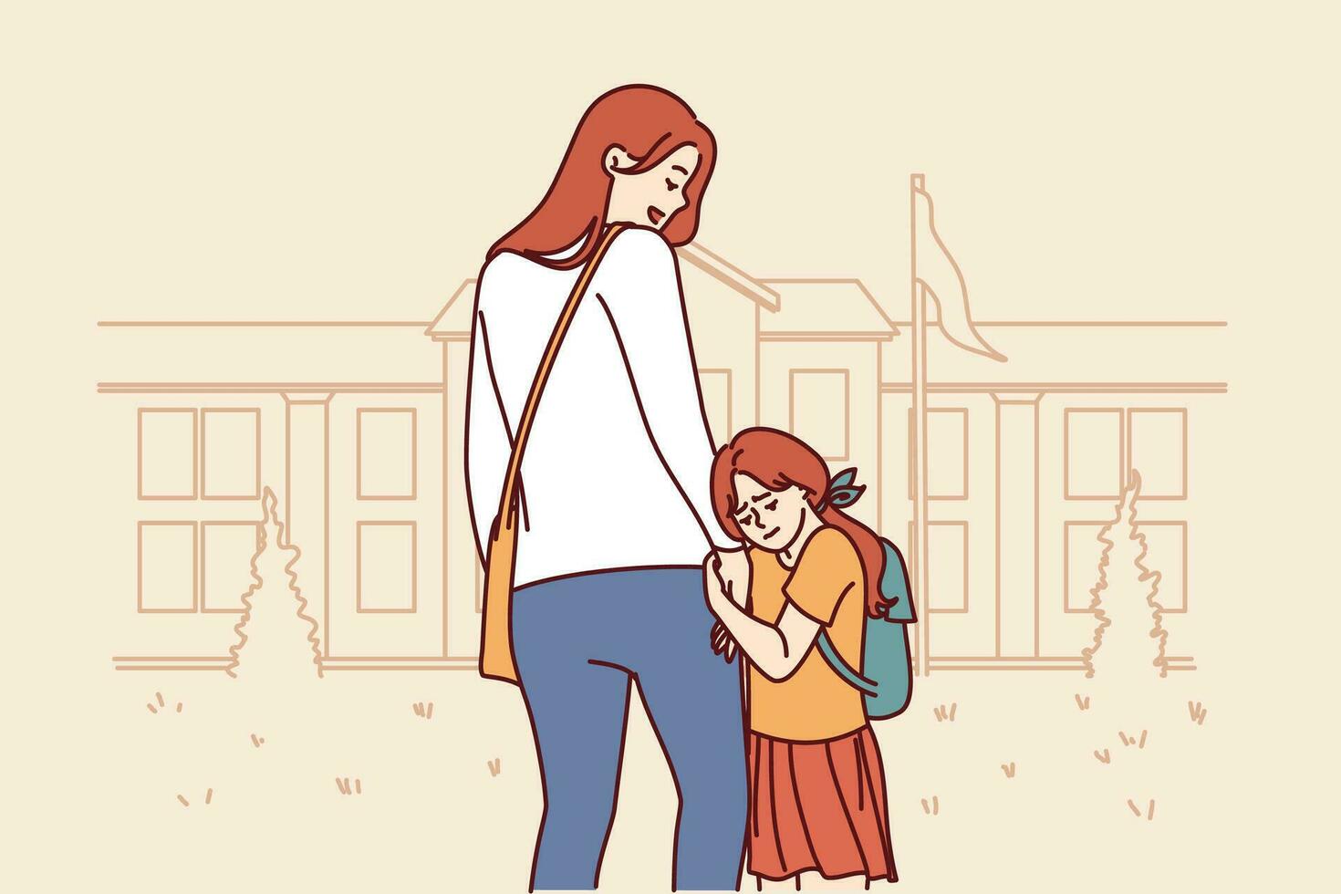 Mom accompanies daughter in elementary school, supporting or motivating girl standing near building of educational institution. Little girl feels attached to mother and does not want to go in school vector