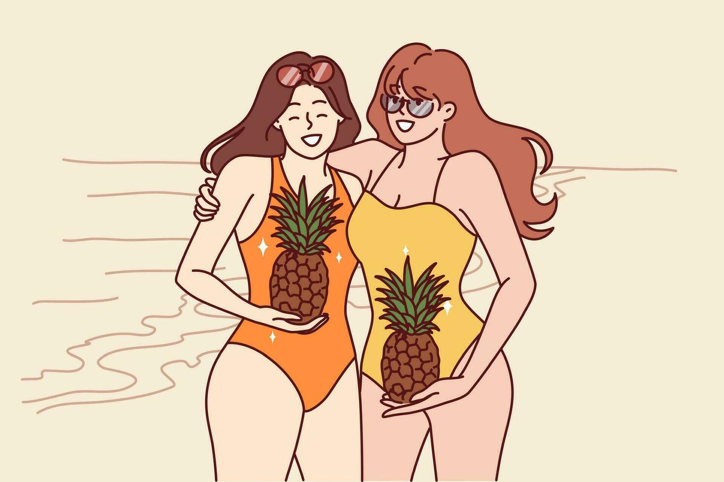 dos mujer en trajes de baño estar en playa con piñas en manos y sonrisa atractivo visitar tropical isla. joven contento muchachas en trajes de baño gastar Días festivos en soleado playa cerca mar o Oceano vector