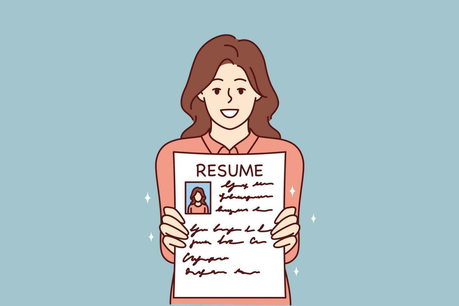 Woman shows resume to find job and smiles, wishing to get vacant position in large corporation. Concept recruiting business or help in writing resume for job seekers looking for job with big salary vector