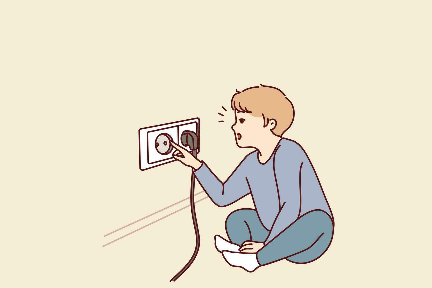 Small boy sticks fingers into socket, playing with electrical equipment and risking electric shock. Preschool child with curiosity pulls fingers to electrical socket and needs attention of parents vector