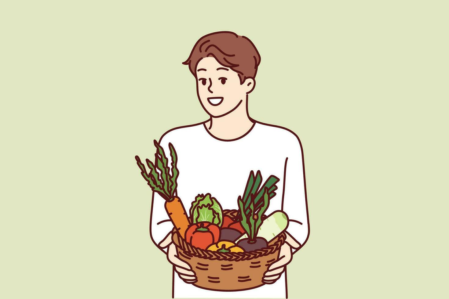 hombre con cesta de vegetales sonrisas y recomienda yendo vegano o comiendo orgánico crudo alimento. vegetariano chico ofertas a comprar granja vegetales y comienzo nuevo sano dieta a mejorar salud vector