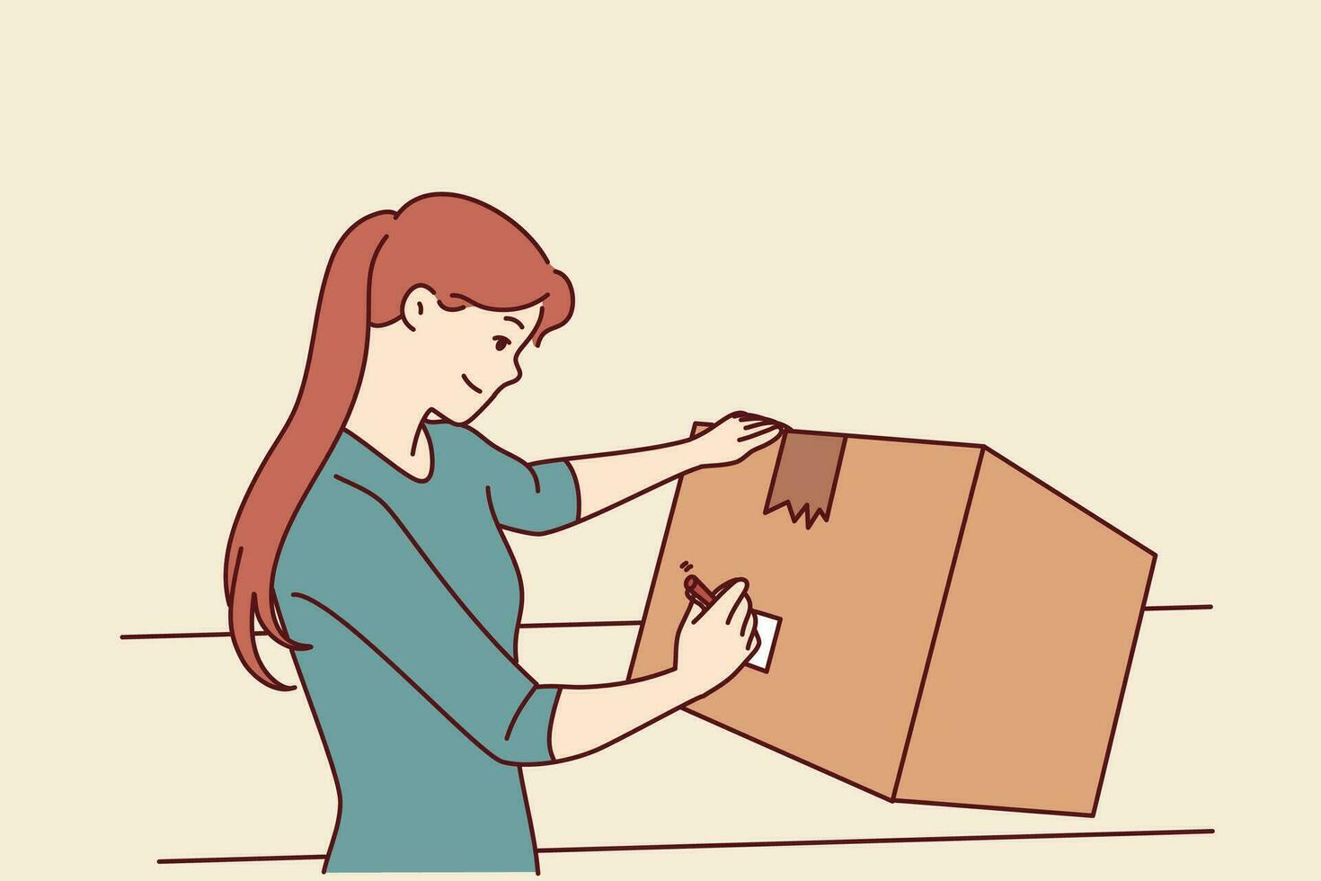 Woman with cardboard box signs package before sending goods through postal service or courier company. Young girl with big box packs household items when moving or renovating apartment vector
