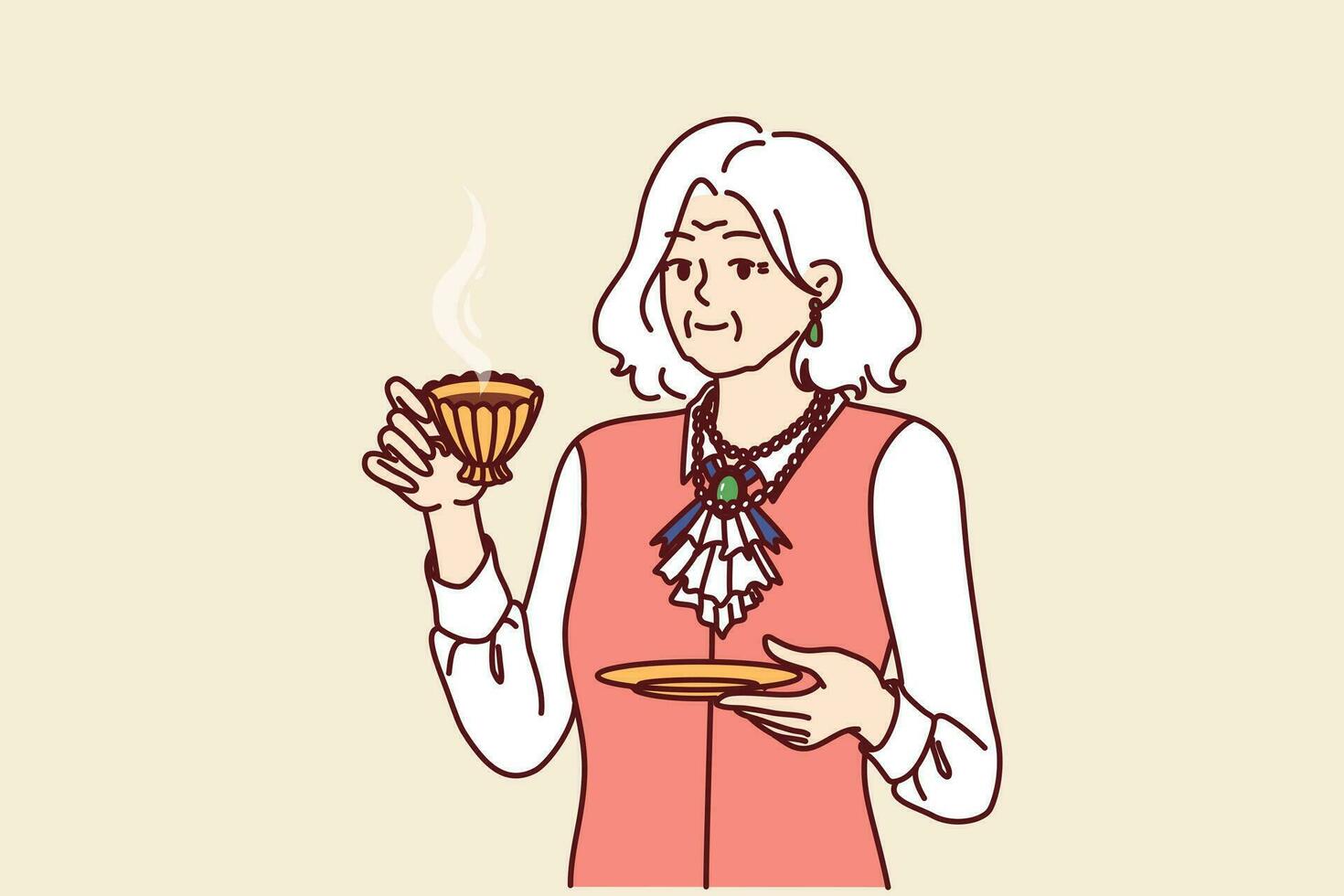 Elderly rich aristocrat woman drinks tea from golden mug and is dressed in exquisite expensive clothes with elegant accessories. Arrogant old woman is aristocrat and personifies power or snobbery. vector