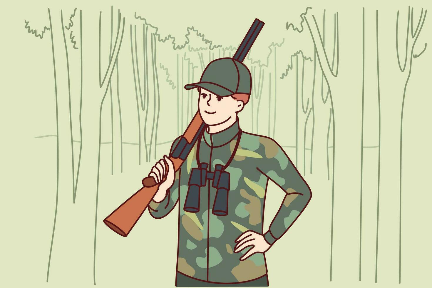 Man hunter with double-barreled gun stands in forest with binoculars to track down wild animal and search for prey. Gamekeeper guy protects animals from national park from hunter or poacher vector