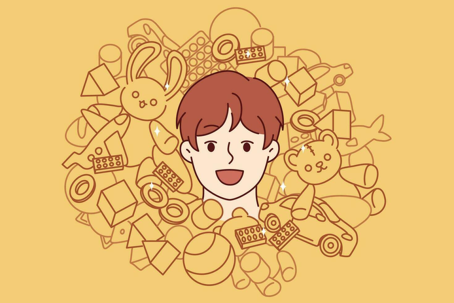 Face of teenager boy among toys and constructor for entertainment or development of child. Cheerful boy from kindergarten laughing enjoying happy childhood and abundance of toys for spending time vector