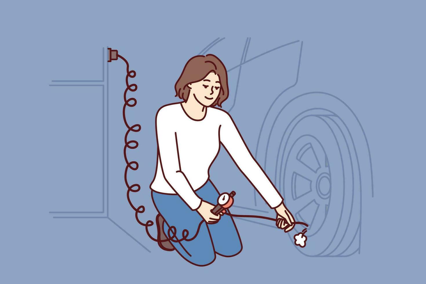 Woman is repairing car wheel using pump to pump air into tires and go on road trip. Independent young girl auto mechanic in garage inflates wheels of car performing vehicle maintenance. vector