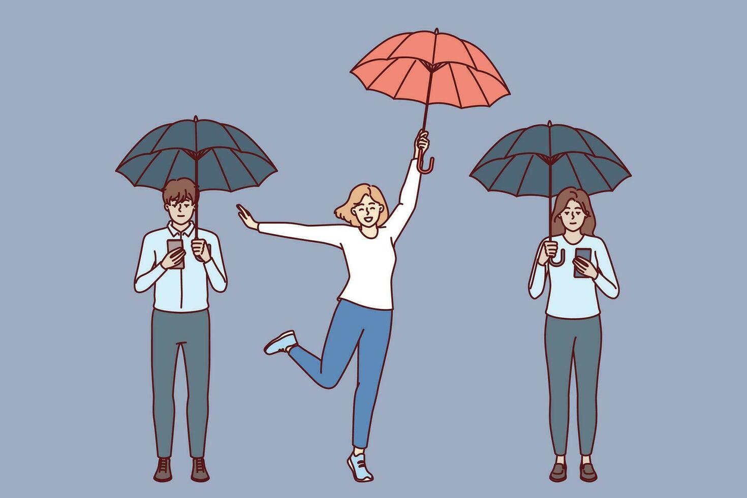 Digital addiction free woman near friends with umbrellas and phones using social media. Concept of combating digital addiction and uncontrolled use of mobile gadgets instead of live communication vector