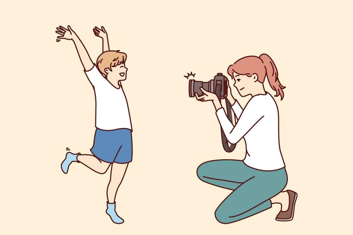 Photographer mother and little boy make professional photoshoot to capture happy moments from childhood. Son happily poses for female child photographer preparing family photo album vector
