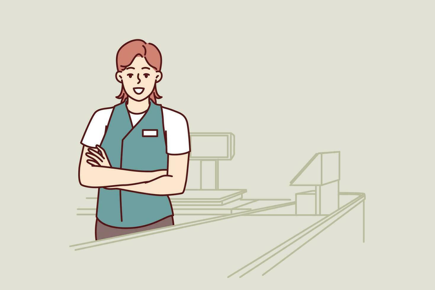 Woman supermarket cashier stands in checkout area of store and looks proudly into camera with arms crossed. Girl in uniform of grocery store cashier for advertising vacancies in retail business vector