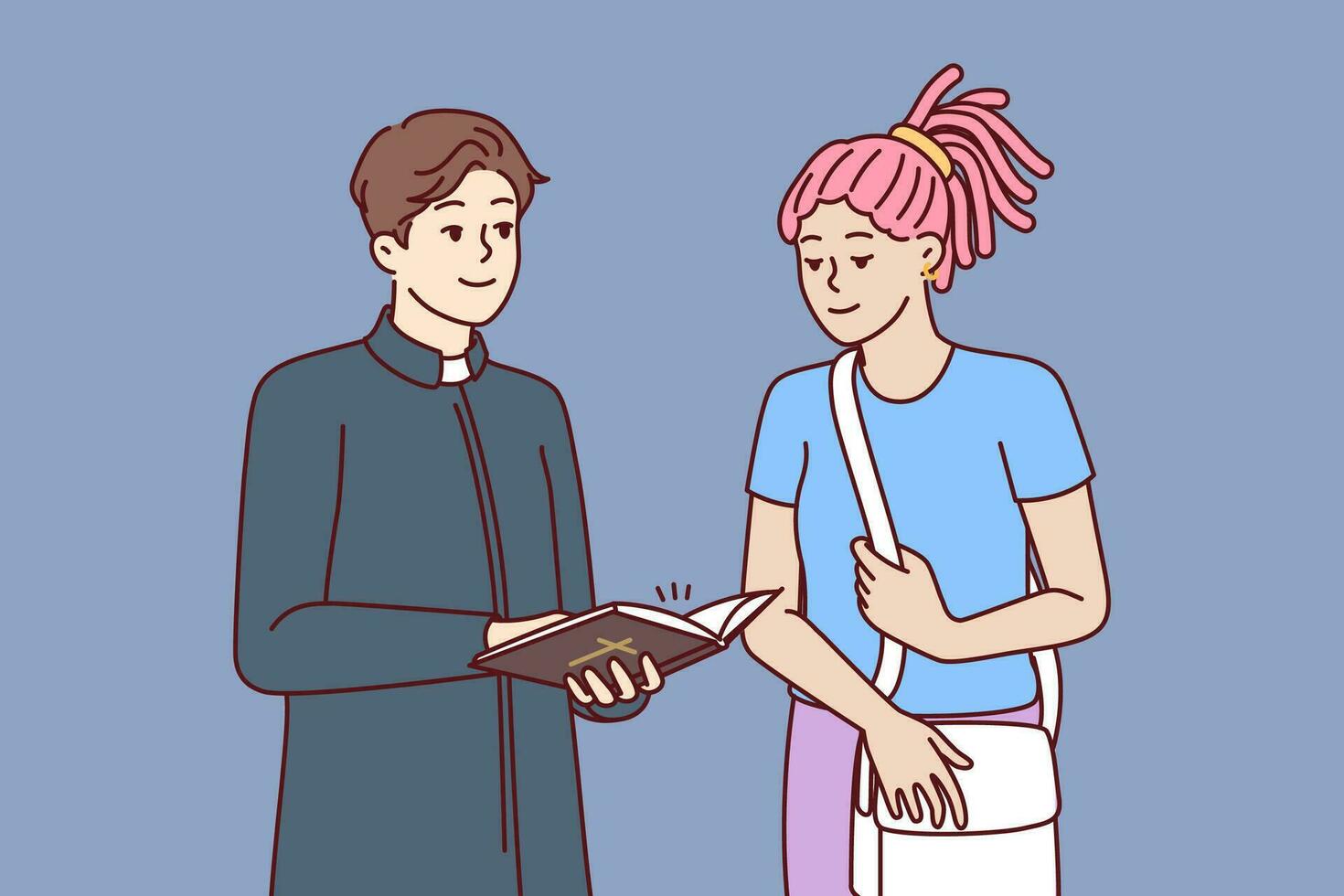 Man priest from catholic church stands near woman come to temple for blogging or confession. Religious girl wants to confess in church to find peace and harmony or forgiveness of sins vector