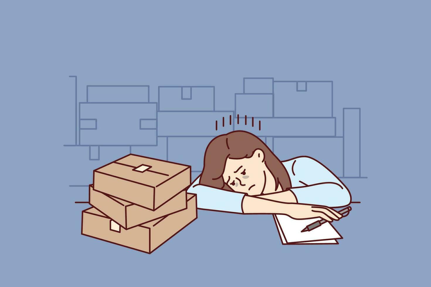 Upset girl near cardboard boxes works in warehouse or logistics company and falls asleep sitting at table. Tired woman feels lack of motivation to work in warehouse or fulfillment industry vector