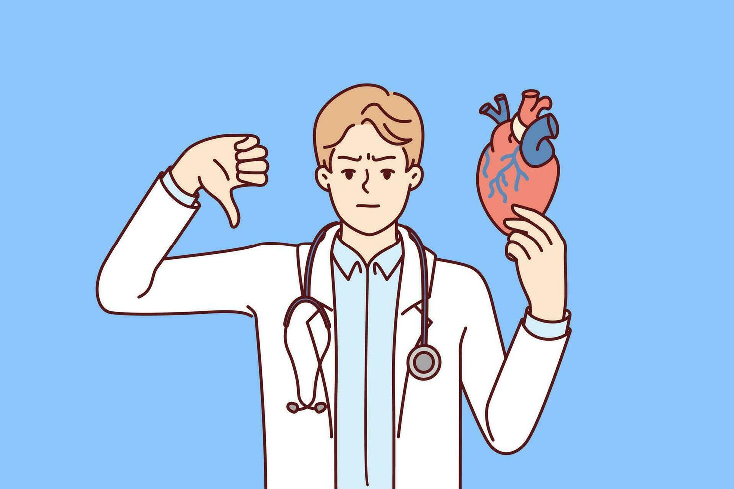 hombre médico para corazón enfermedad demostración pulgar abajo recomendando tomando medicación o líder sano estilo de vida. concepto negativo cardíaco pruebas para paciente y pobre salud de corazón y circulatorio sistema vector