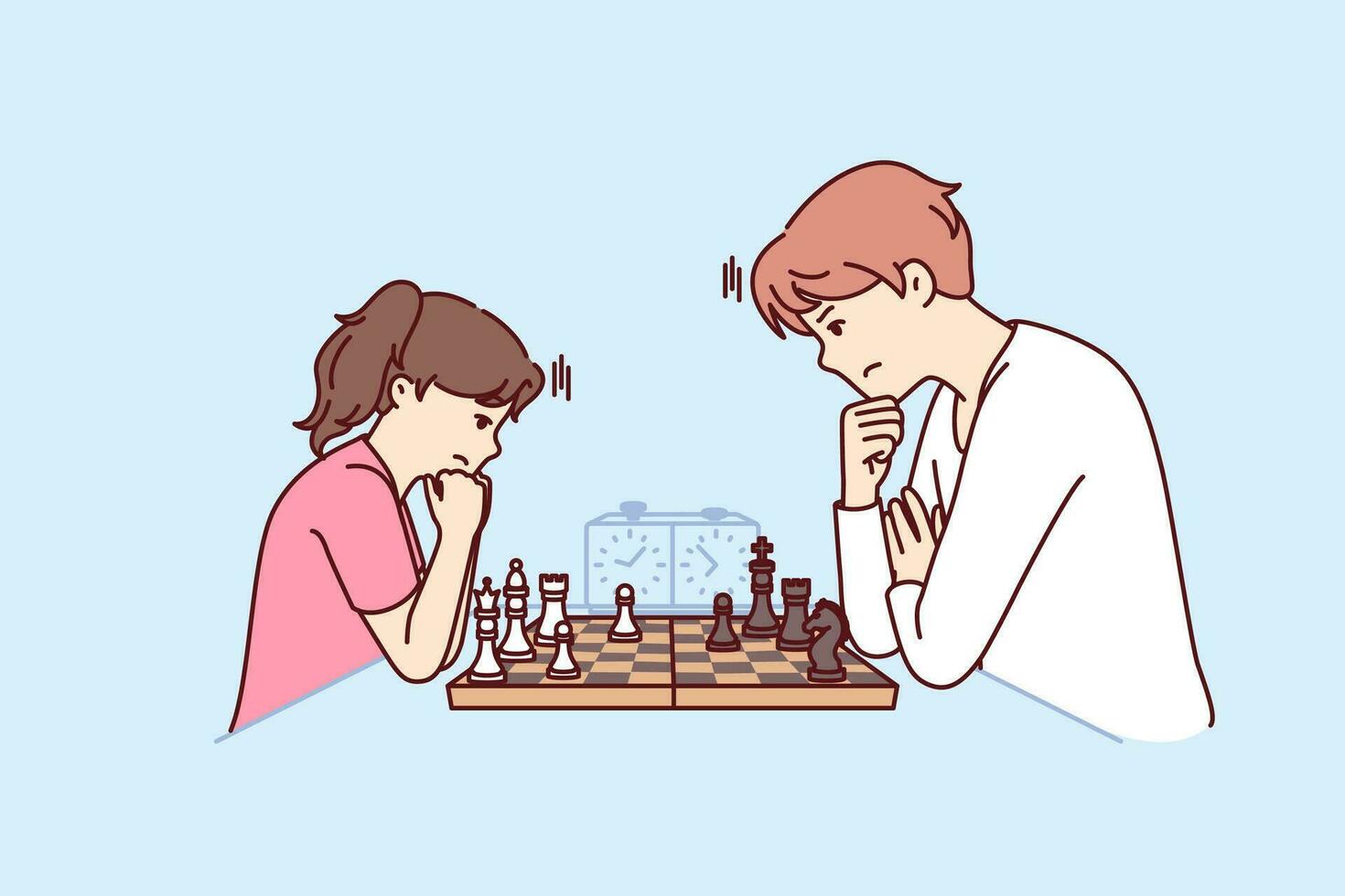 Game of chess between man and teenage girl during training of professional grandmaster or preparation for sports tournament. Father and daughter play chess to develop child strategic thinking vector