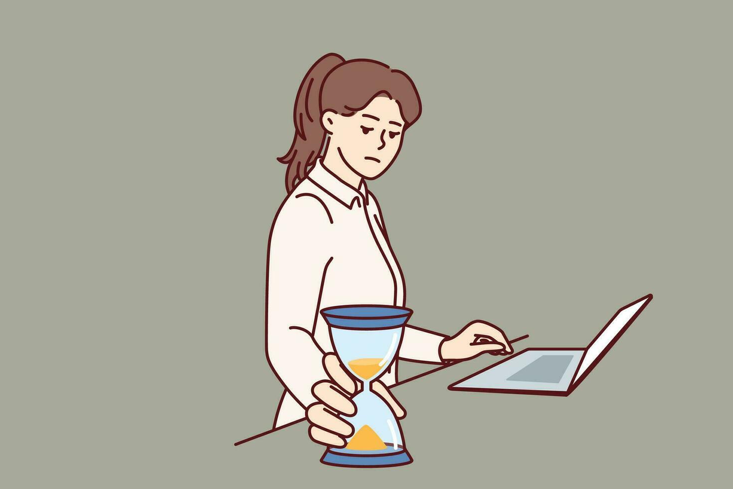 Busy businesswoman with hourglass keeps track of time until deadline so as not to violate terms of important contract. Freelancer girl in business suit stands near laptop and does time management vector