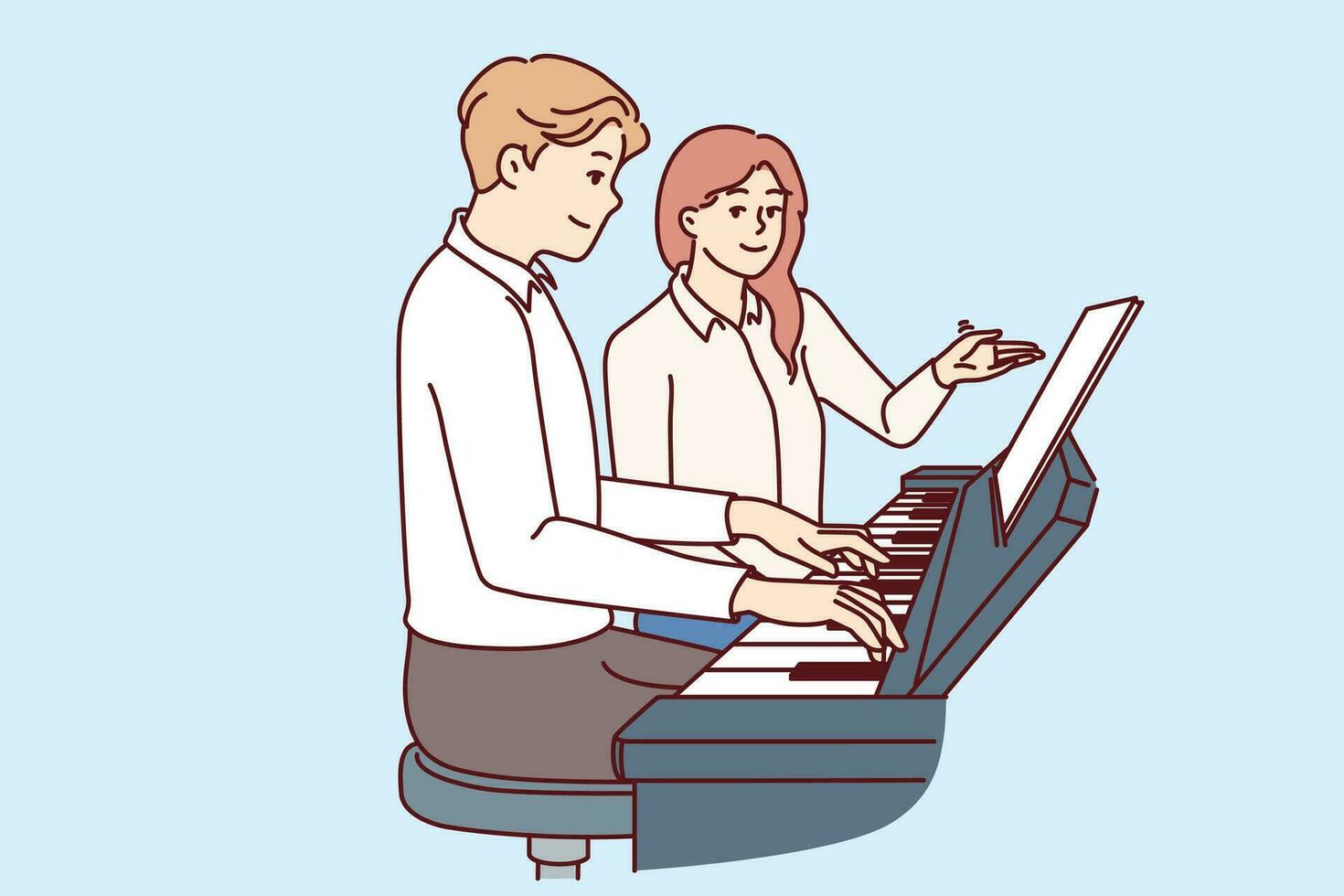Man learns to play piano with woman teacher who tutors and gives private lessons. Future musician plays piano to become professional composer or perform at concerts in front of audience vector