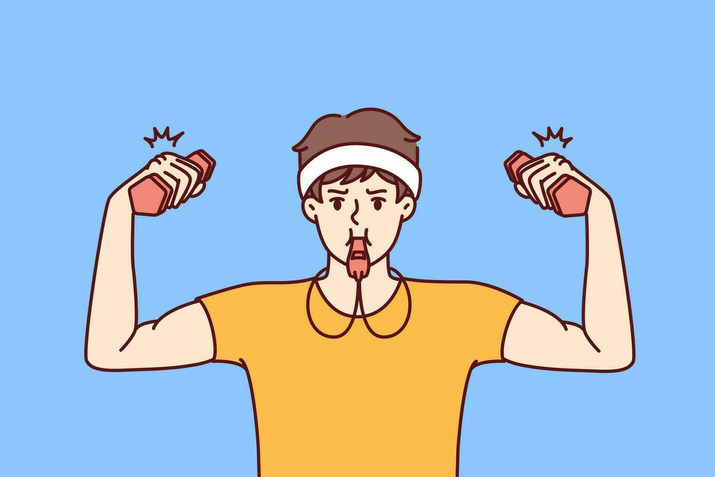 Funny fitness trainer with dumbbells uses whistle to cheer up trainees from gym or sports club. Thin man in fitness clothes does exercises to build biceps on his arms and muscles on his body vector