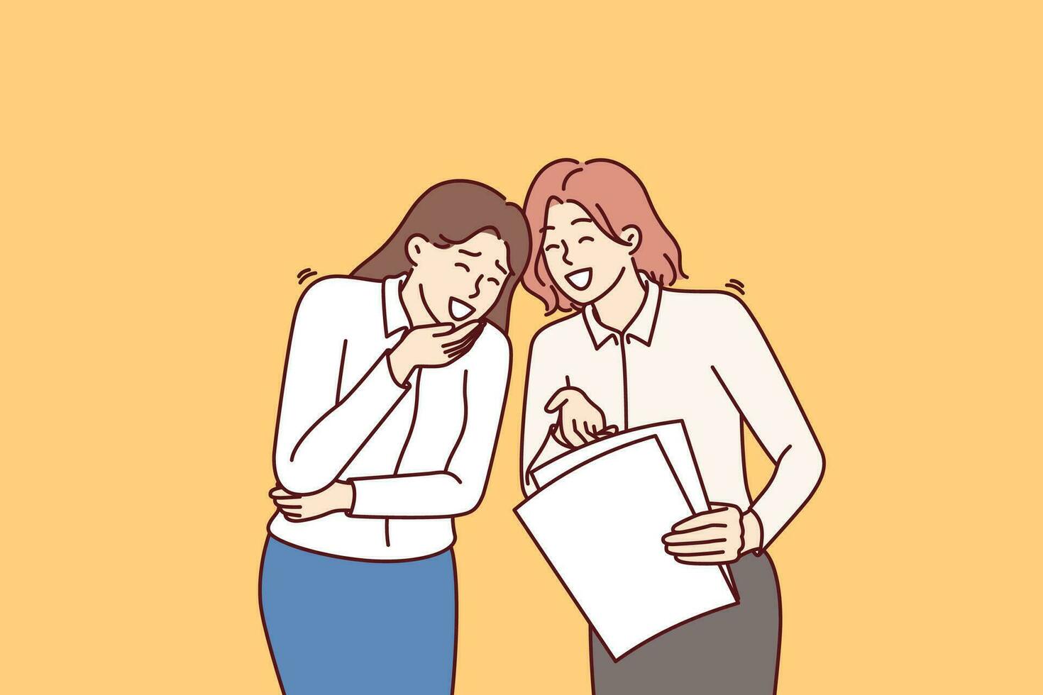 Women colleagues laugh at joke or funny story and share intimate gossip about company employees. Business women laugh when see stupid mistake in paper report made by inexperienced employee. vector