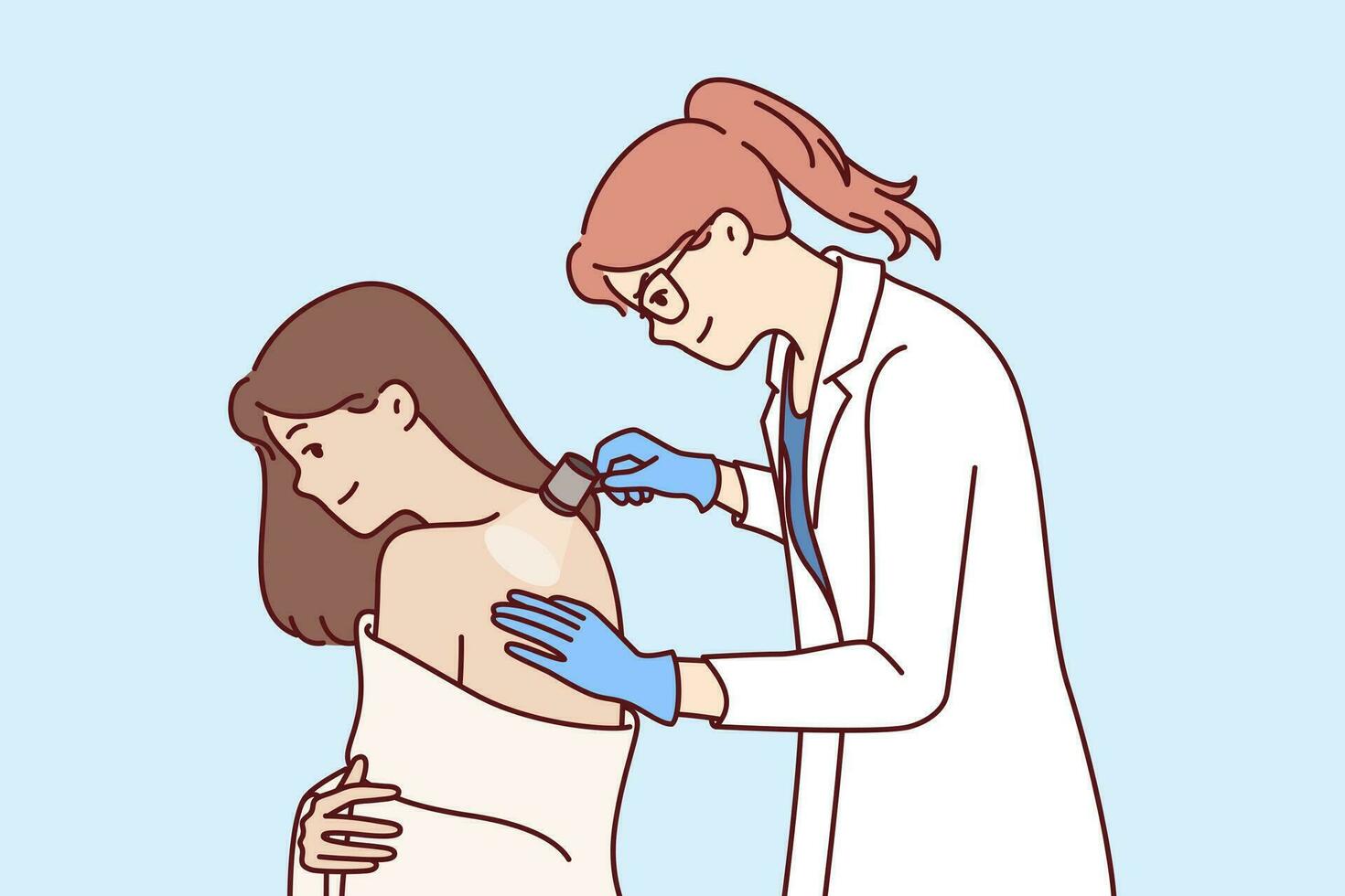 mujer dermatólogo examina piel en paciente espalda a ayuda obtener eliminar de erupción o acné. niña en blanco Saco trabajos como dermatólogo en privado clínica y usos Linterna a dar útil protección de la piel consejos vector