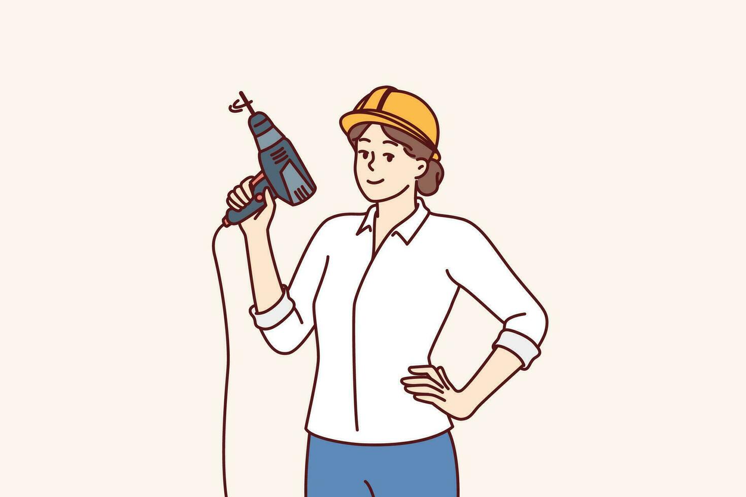 Woman with electric drill and hardhat for construction work or renovation premises is dressed in formal clothes. Girl foreman or construction company manager posing with equipment to create holes vector