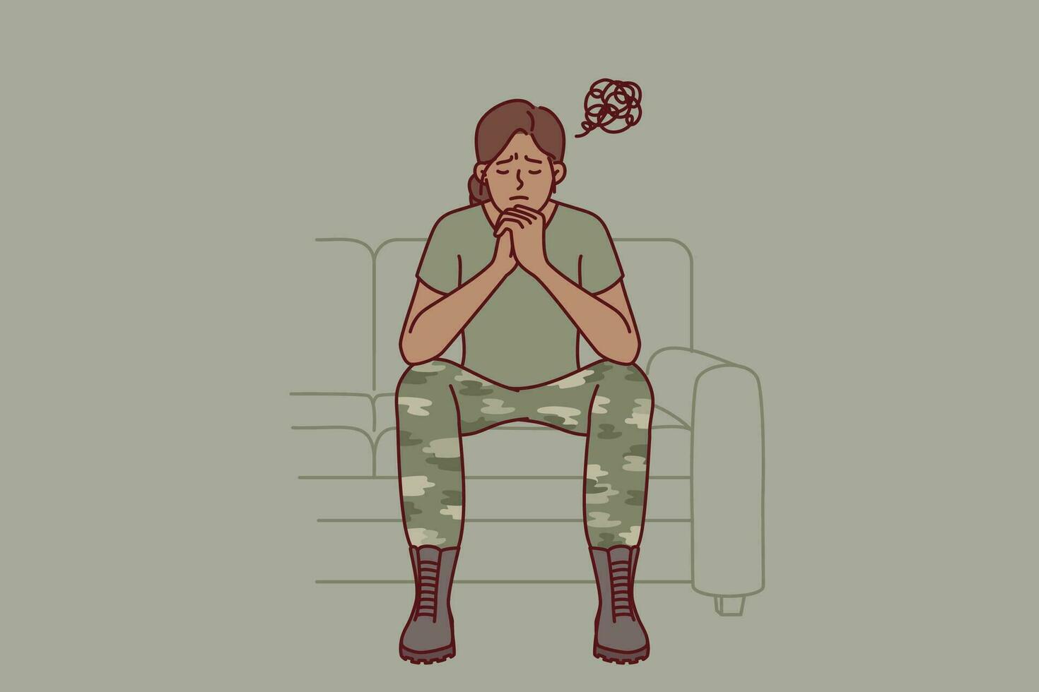 Woman soldier suffers from ptsd caused by bad memories after participating in combat operations. Girl in military uniform of soldier sits on sofa in need of help from army psychologist for veterans vector