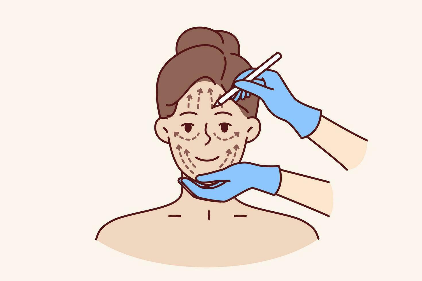 Cosmetic procedure for woman who wants to eliminate wrinkles or lifting problem areas. Doctor hands near millennial girl face during cosmetic procedure and preparation for skin lifting vector