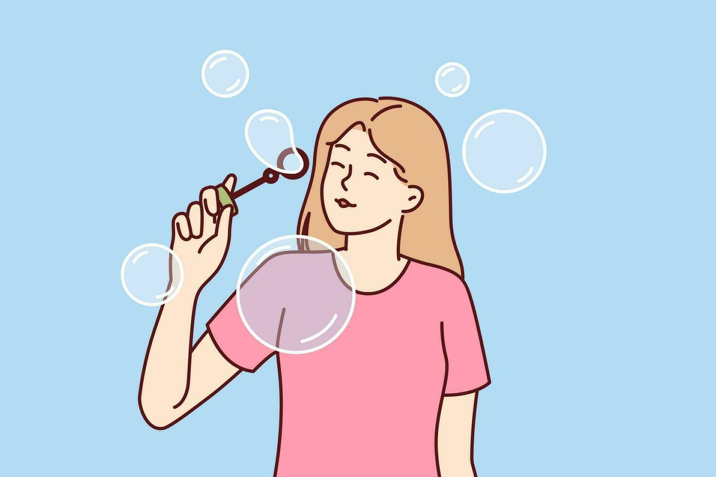 Teenager girl blows soap bubbles enjoying presence free time and absence of urgent matters. Carefree schoolgirl teen stands among soap bubbles and is too lazy to do extracurricular work vector