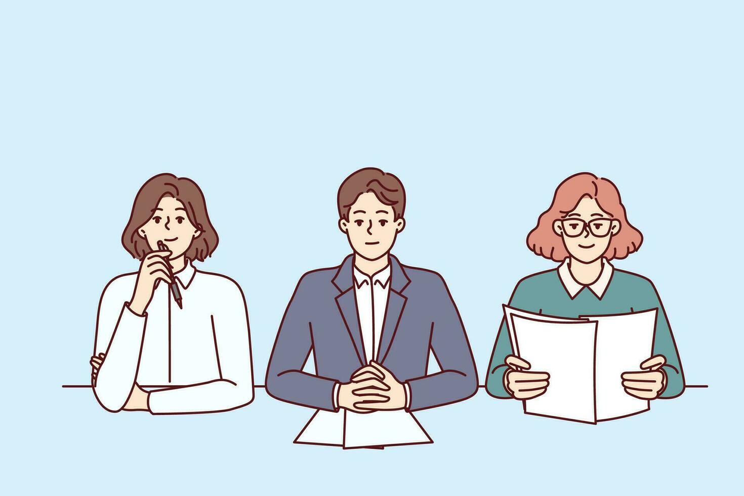 Business people from recruiting company with skeptical expression are conducting interview sitting at table in office. Man and two women work as HR managers and participate in recruiting processes vector