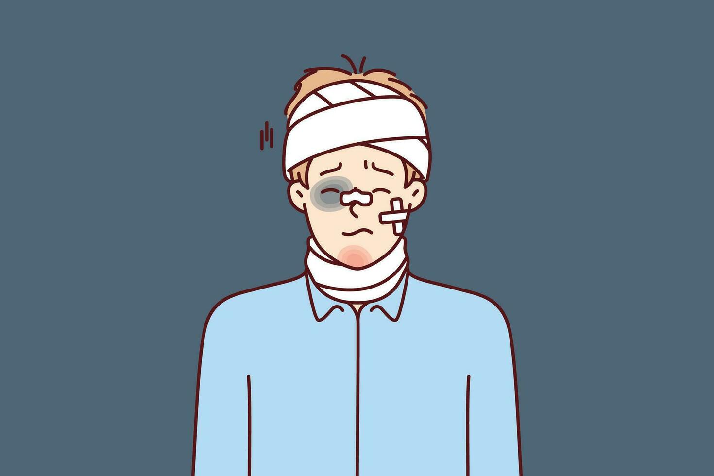Beaten man with bandages on head and band-aid on face after accident or catastrophe needs medical help. Guy with hematomas and bruises after being beaten by hooligans or falling from great height vector