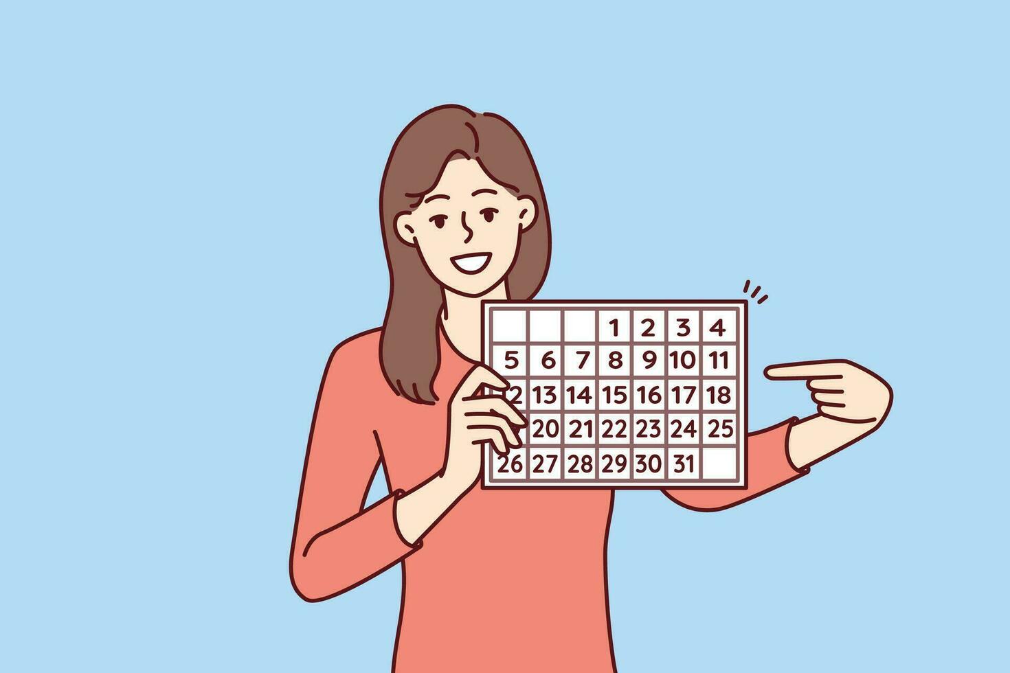 Woman with calendar points finger at dates suggesting to do planning and time management to increase productivity. Girl with calendar for planning vacation or choosing convenient date for travel vector