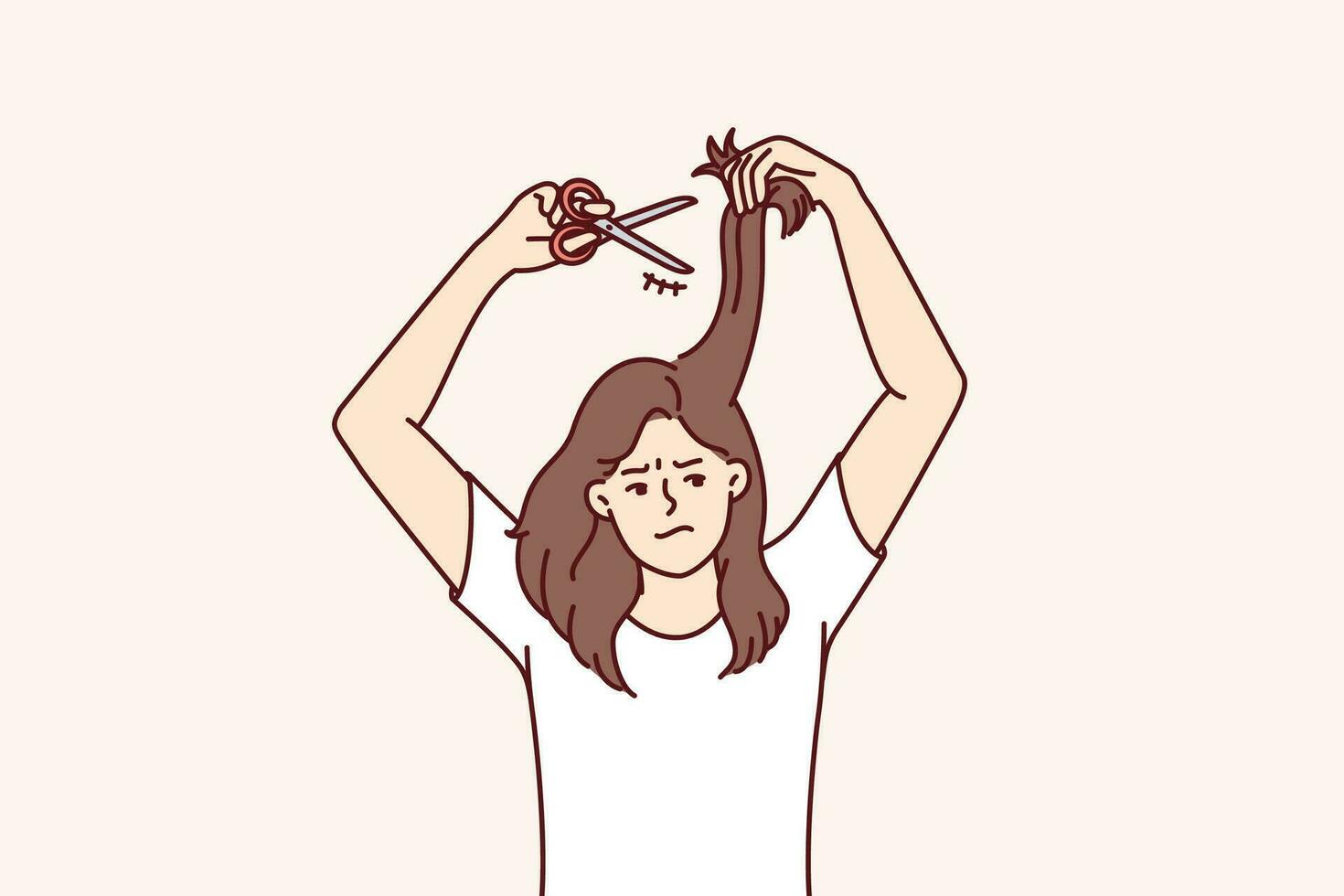 Woman cuts own hair because of dissatisfaction with hairstyle and split ends that appeared due to bad shampoo. Unhappy casual girl needs professional hairdresser or better shampoo. vector