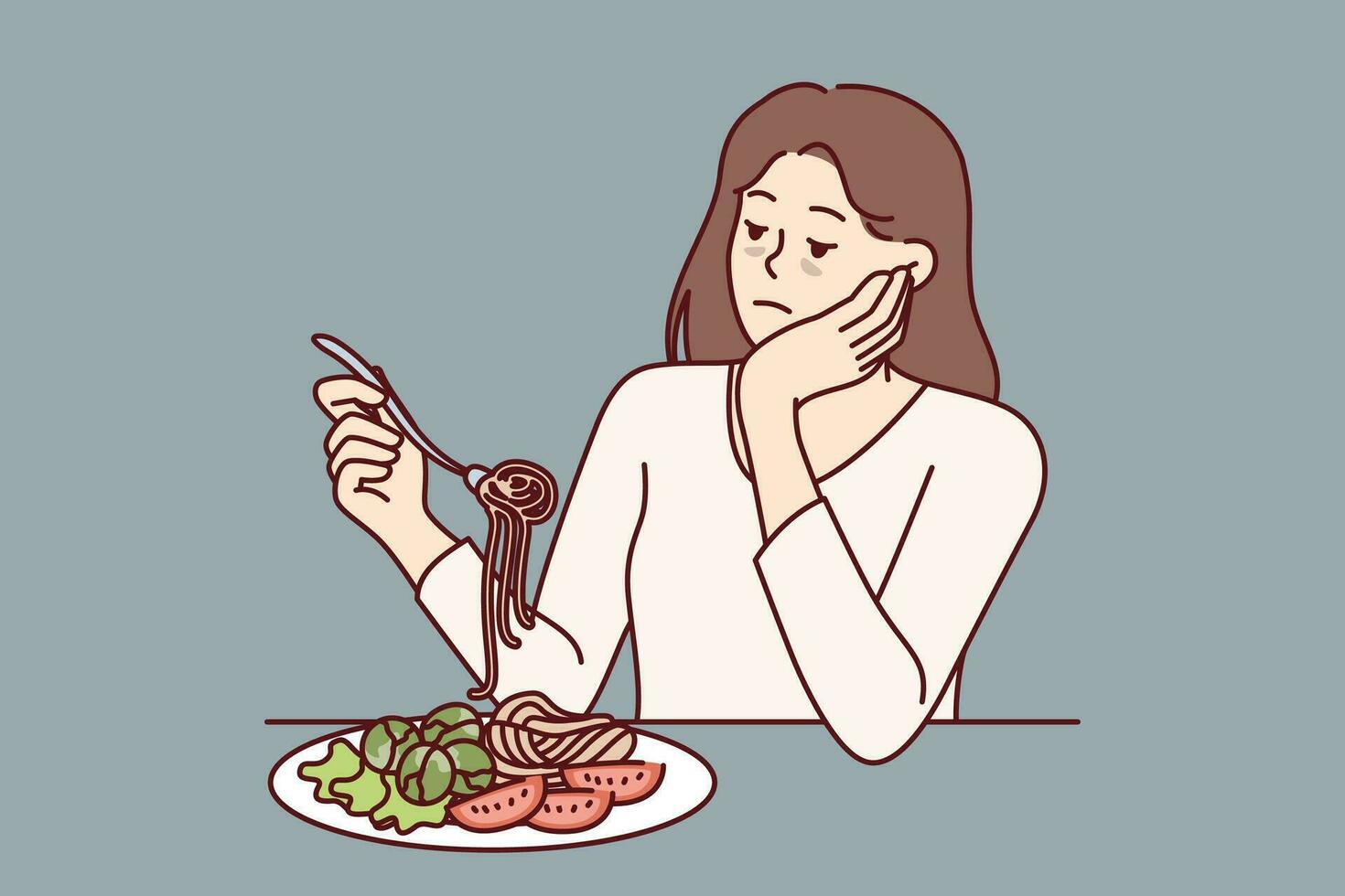 Woman suffering from anorexia is sad due to lack of appetite and sits at table with spaghetti and salad in plate. Skinny girl with sickly appearance suffers from anorexia after wrong diet vector