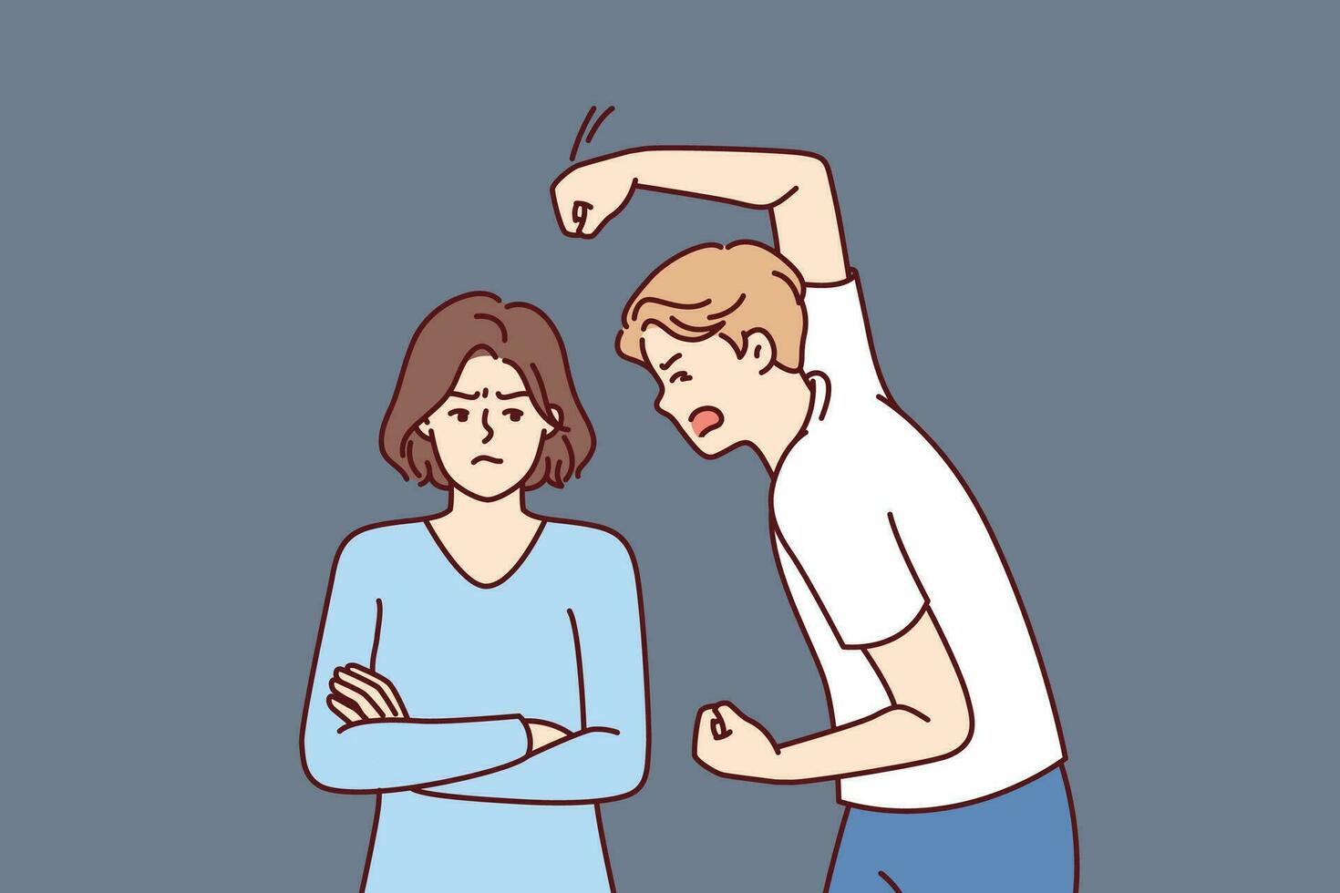Aggressive man beats woman with violence because of jealousy and suspicion of infidelity or desire to get divorce. Nervous guy swinging his fist at girlfriend for domestic violence concept vector