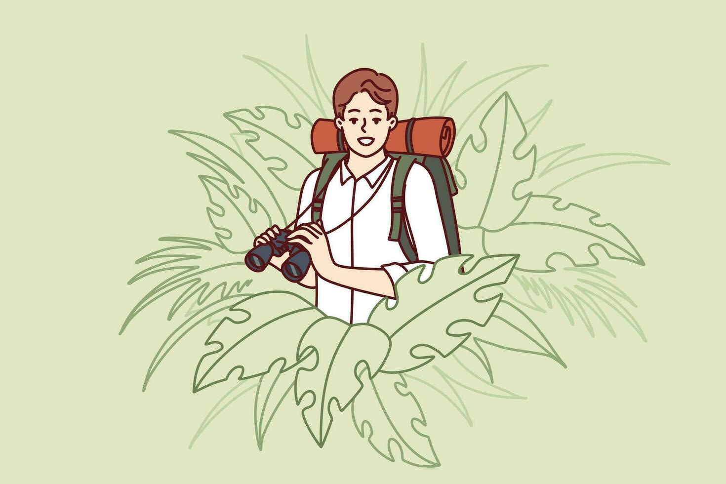 Man traveler stands in thickets of jungle and holds binoculars exploring area in search of further path. Guy traveler with backpack behind back loves adventure and is engaged in hiking vector
