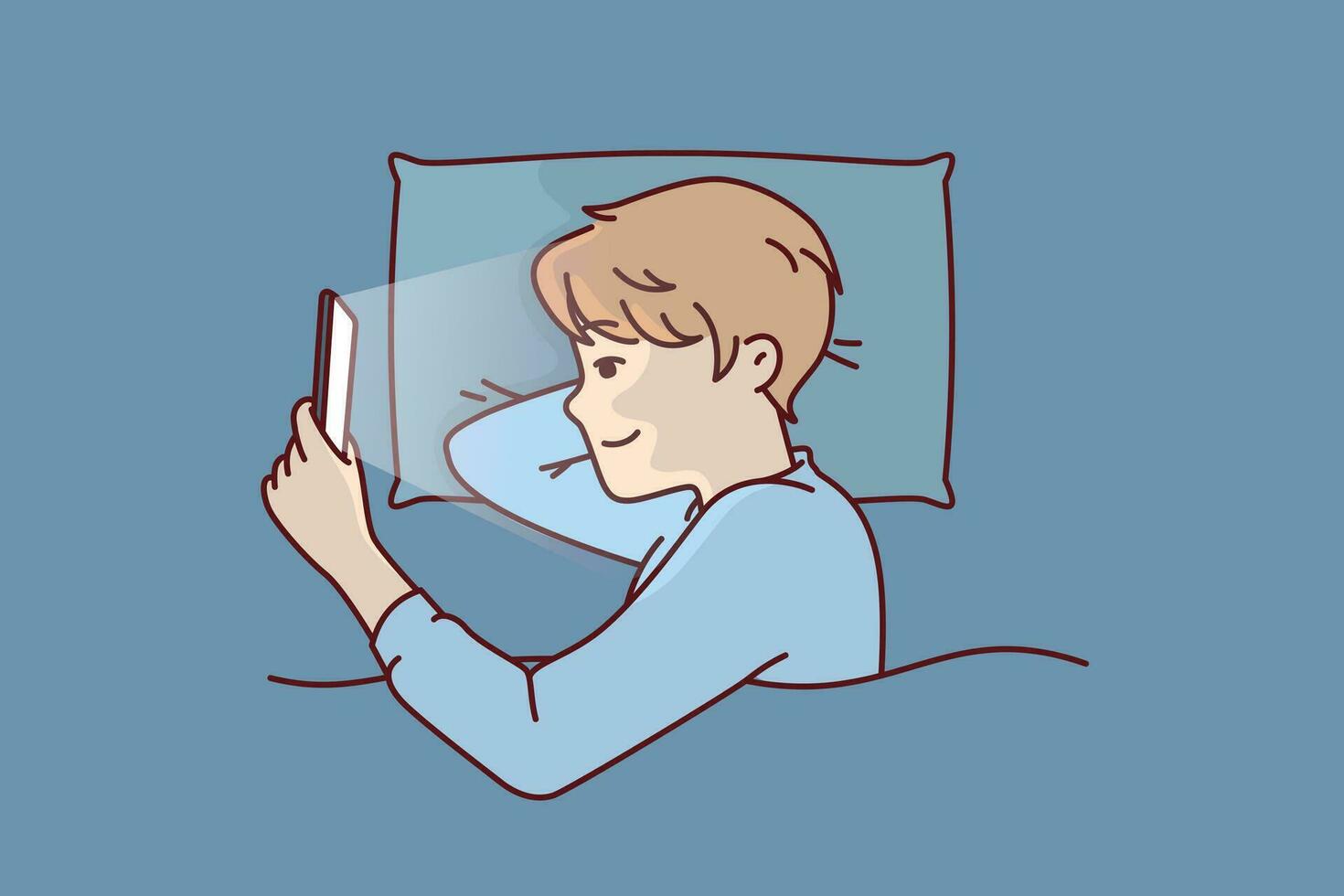 Boy with phone licks in bed and watches movie with smile or plays game refusing to sleep. Kid spends free time using phone at night due to lack of parental control applications on gadget vector