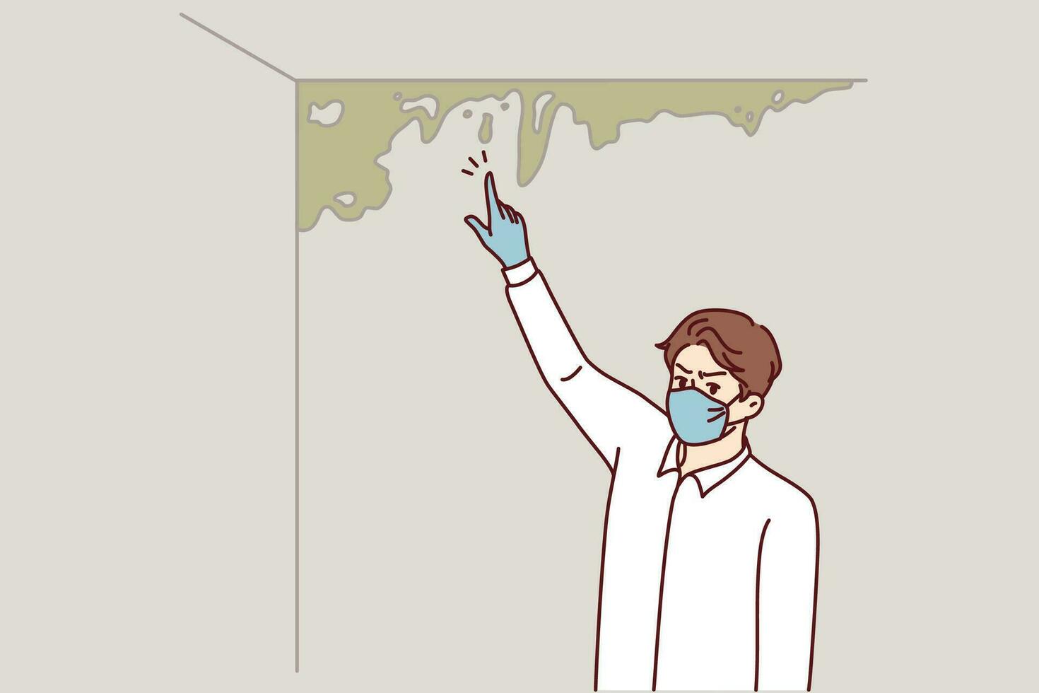 Man near wall with mold points finger at spreading fungus that has arisen due to violation of building codes. Inspector in white shirt and protective mask stands in room with mold. vector