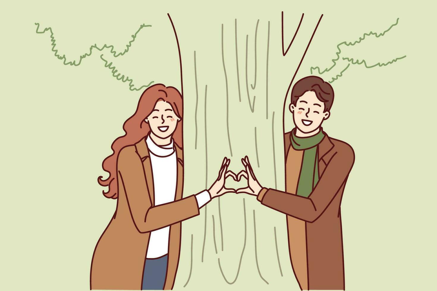 contento Pareja soportes cerca árbol juntos haciendo corazón desde su dedos como firmar de amor para compañero y ecología. hombre y mujer son en amor y gastar fecha en parque disfrutando articulación vacaciones vector