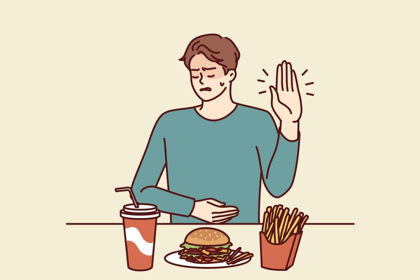 Man suffering from gastritis refuses fast food that causes pain in abdomen on advice of nutritionist. Guy near table with junk lunch shows stop gesture due to gastritis caused by eating hamburgers vector