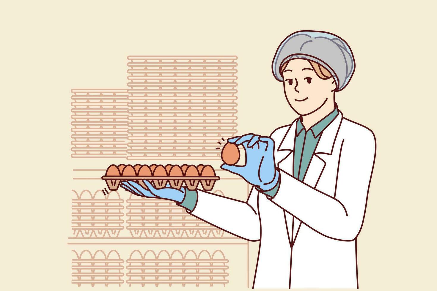 Woman factory worker holds chicken eggs while checking finished product for compliance with quality standards. Young girl factory technologist in white coat works in food industry. vector