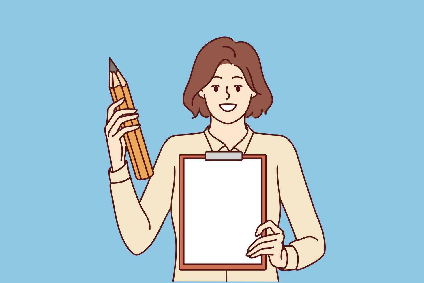 Woman with clipboard to create checklist or action plan, and giant pencil in hand. Girl offers to make plan to achieve success or solve problems and write down tasks that need to be completed on paper vector