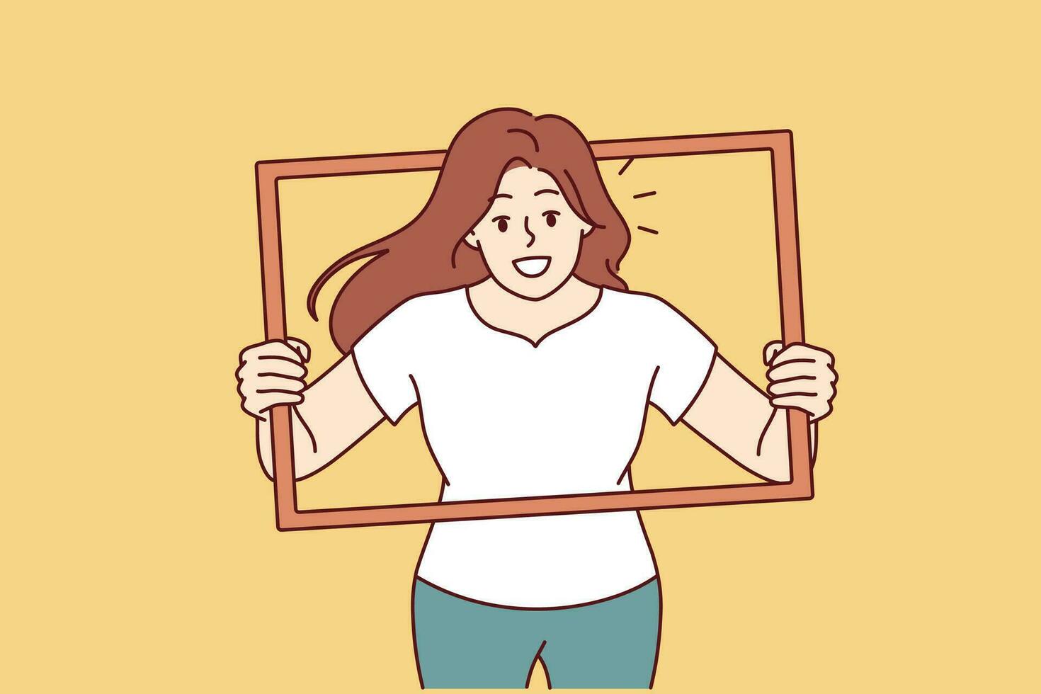 Woman peeks out of picture frame wanting to take creative shot for photo album. Positive girl in casual clothes with smile poses for photo shoot to get portrait for blog or social networks vector