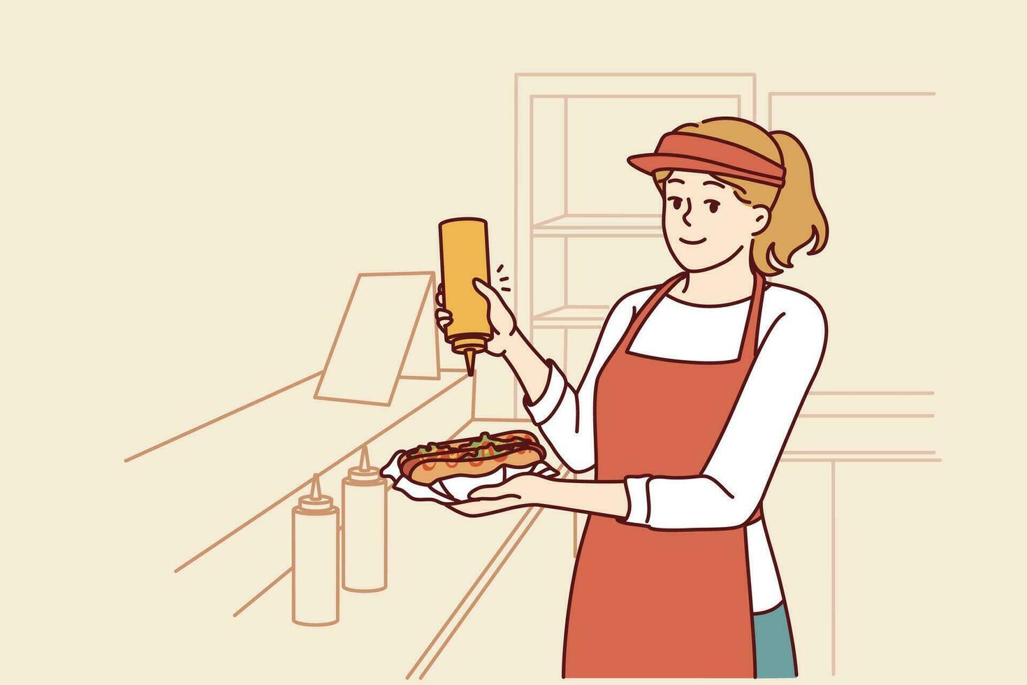 Woman prepares hot dog working as seller in street food cafe or restaurant on wheels with delicious sandwiches on menu. Girl who works in fast food industry adds mustard to hot dog ordered by client. vector