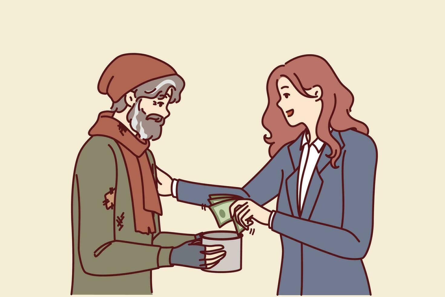 Successful woman helps beggar by giving money for food and lodging to save person has fallen into difficult situation. Merciful businesswoman in formal wear generously helps beggar for charity concept vector