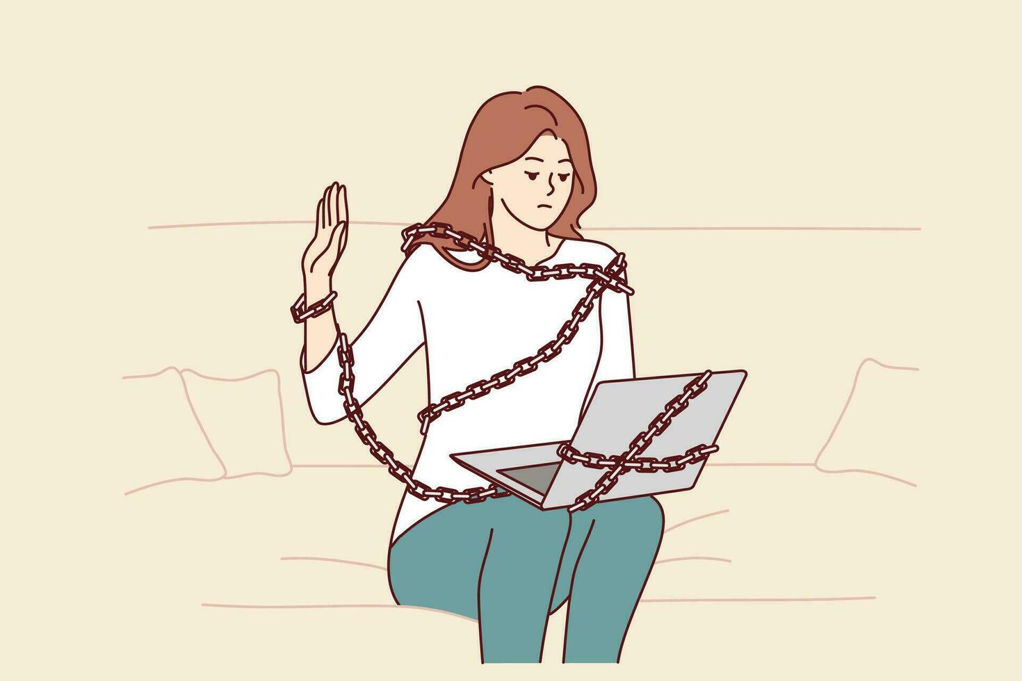 Addicted woman with laptop sits on couch chained for internet dependent concept. Addicted freelance girl working from home suffers from work overload and strict deadlines causing problems vector