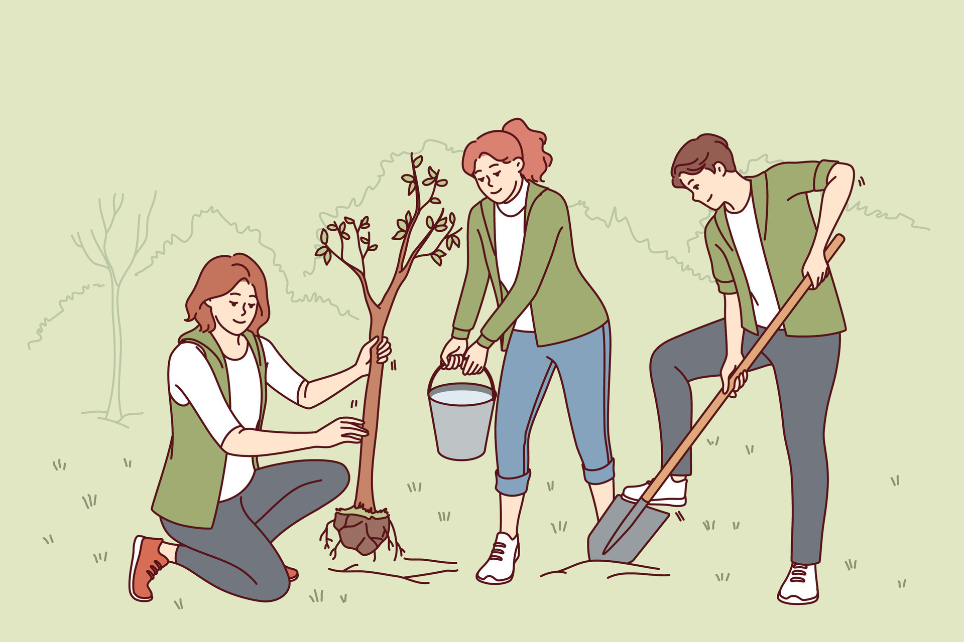 Volunteers plant trees in park and water seedlings to save nature from