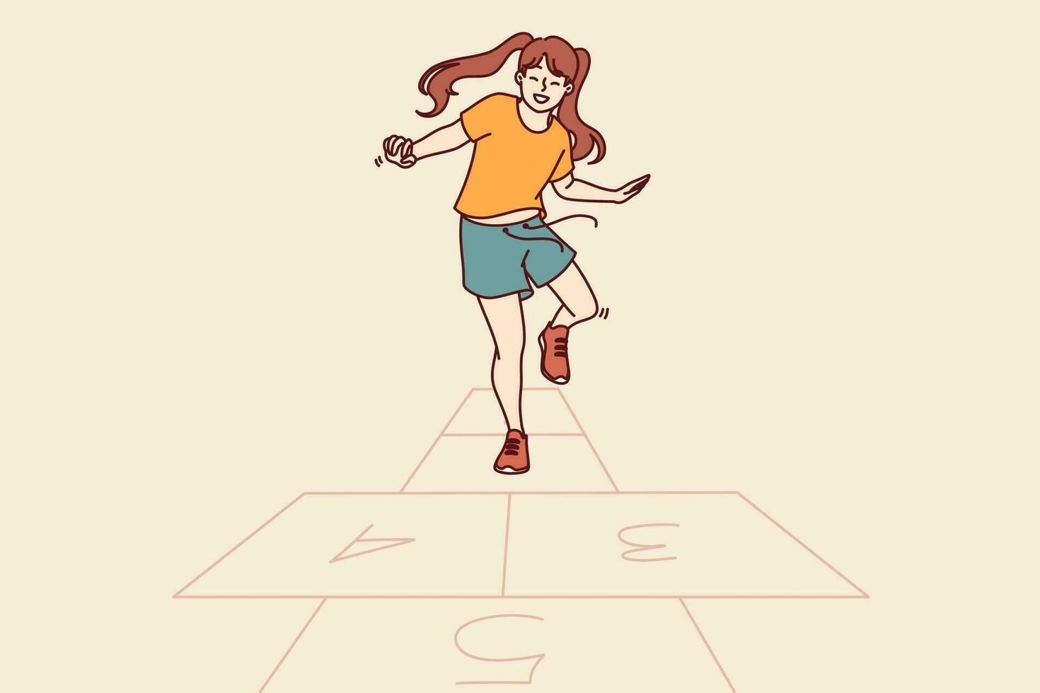 Little girl plays hopscotch jumping on cages drawn on pavement asphalt on summer sunny day. Happy teenage girl leads active lifestyle and playing hopscotch in free time from school vector