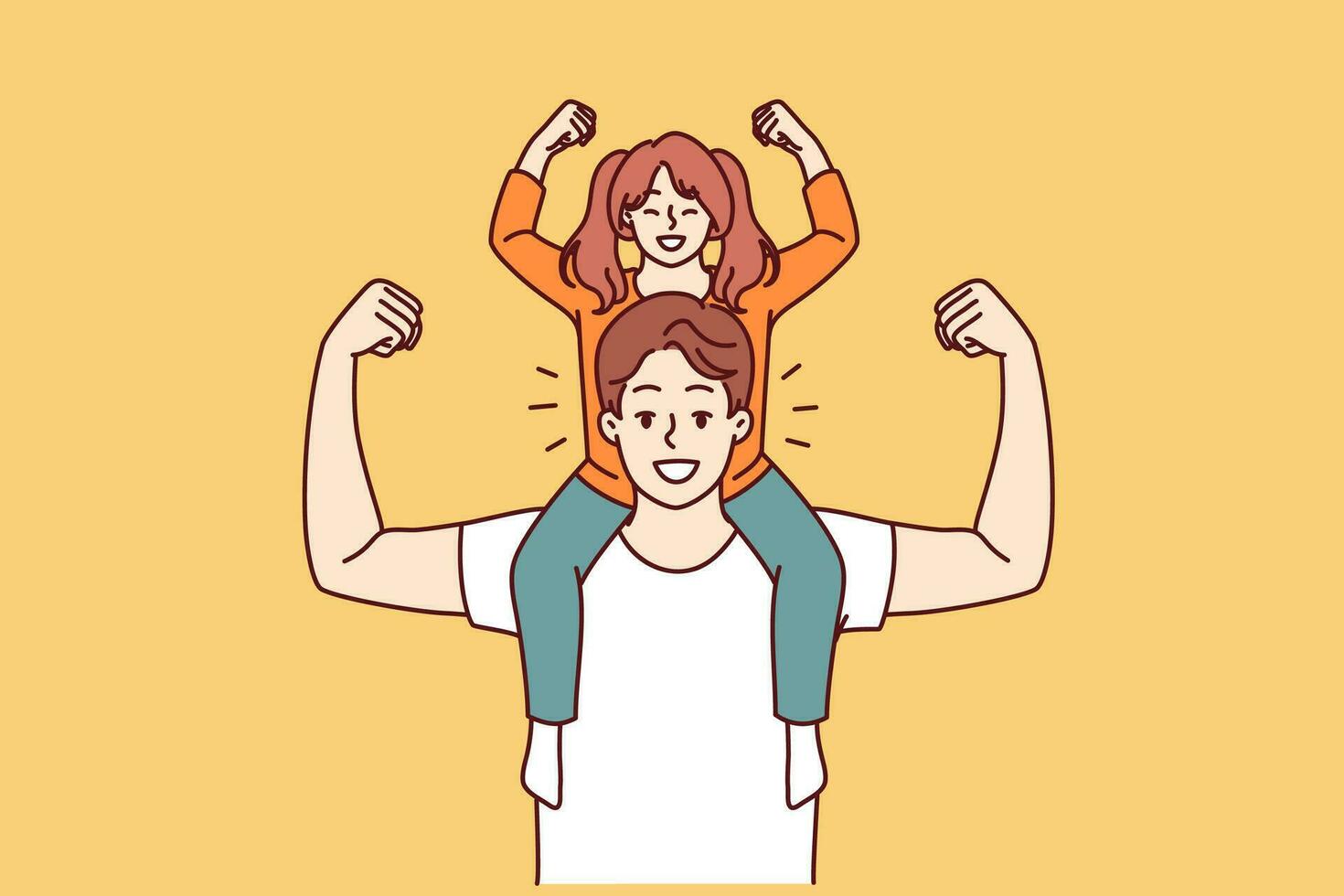 Little daughter sits on shoulders of strong father and demonstrates biceps, wanting to become like dad. Preteen girl together with father or older brother for generational succession concept vector
