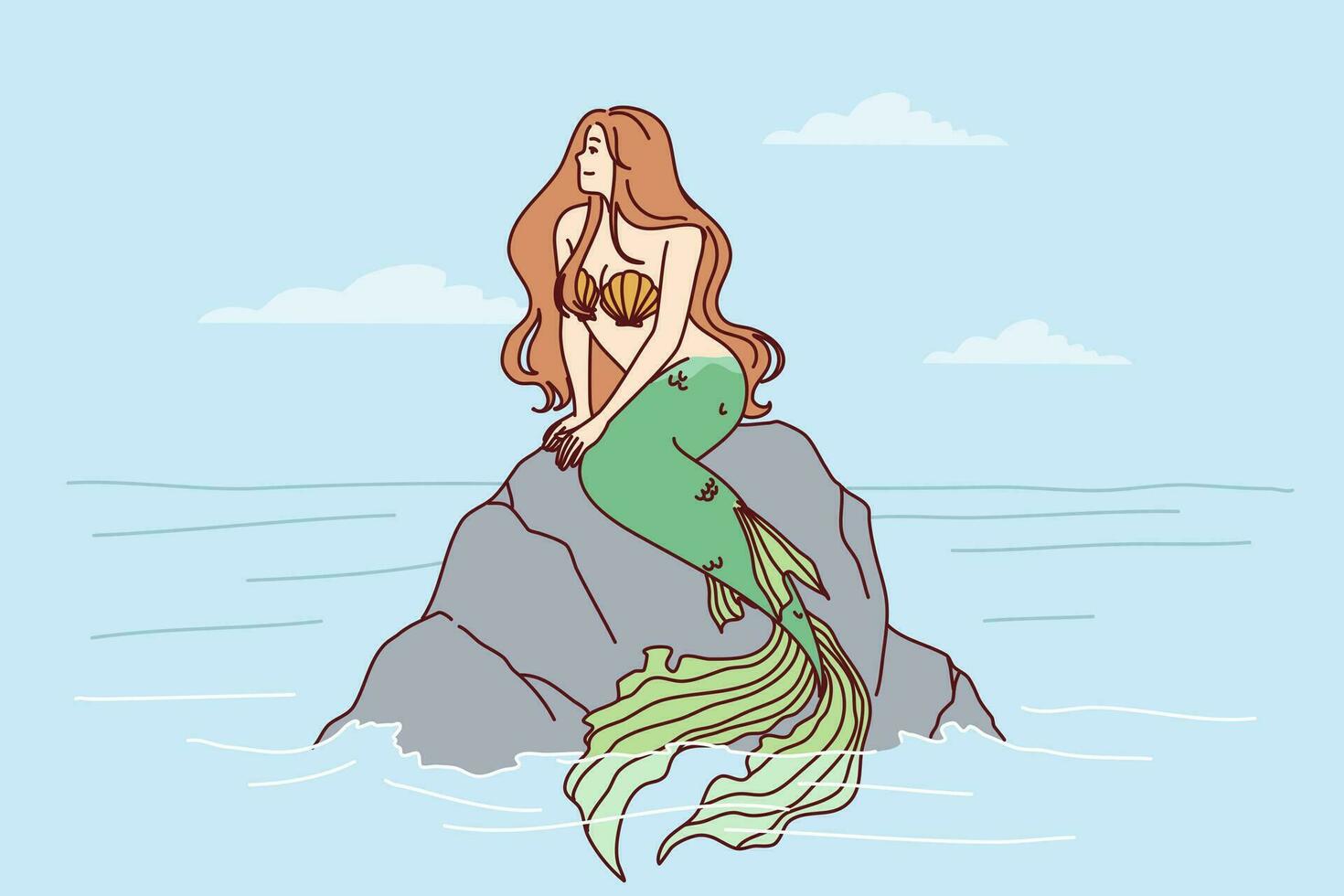 Mermaid sits on sea rock to illustrate fairy tales about ocean dwellers and magical creatures living underwater. Beautiful mermaid girl with fish tail and shell bra looks to side in search of ships vector