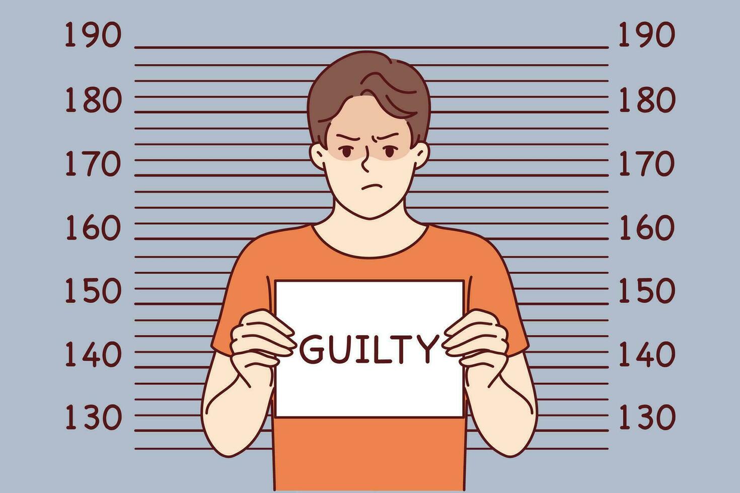 Man criminal with inscription guilty on sign stands near lines for measuring height of arrested bandit. Guilty guy who committed crime is detained by police and needs help of lawyer for court hearing vector