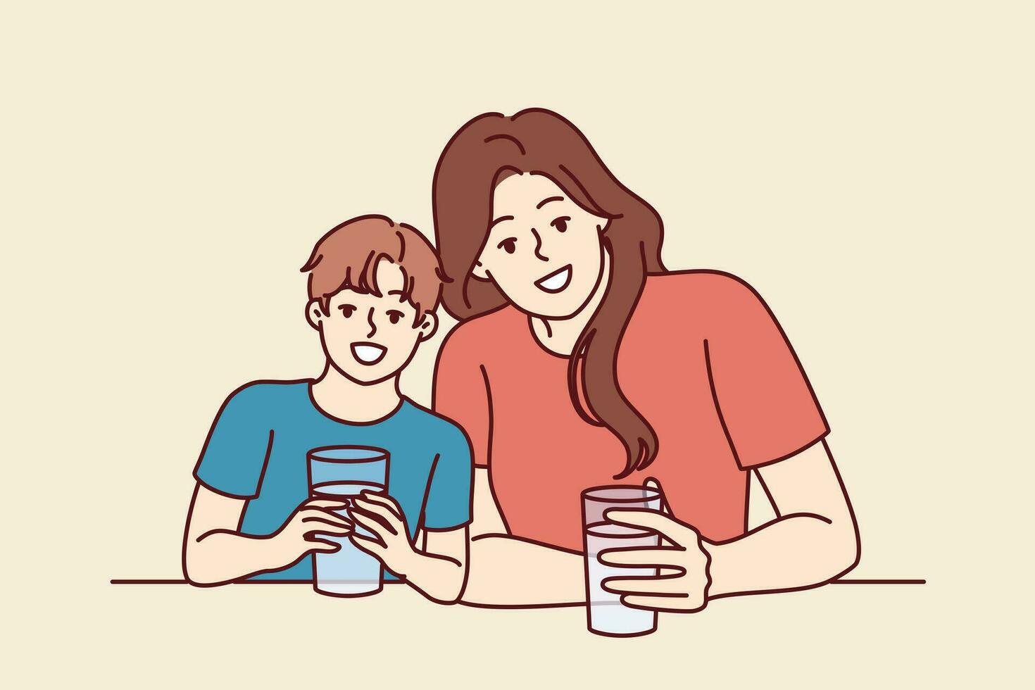 Happy mom and son drink water from transparent glasses and smile enjoying clean refreshing beverage. Positive family with water look at camera together and smile urging to drink more liquid vector