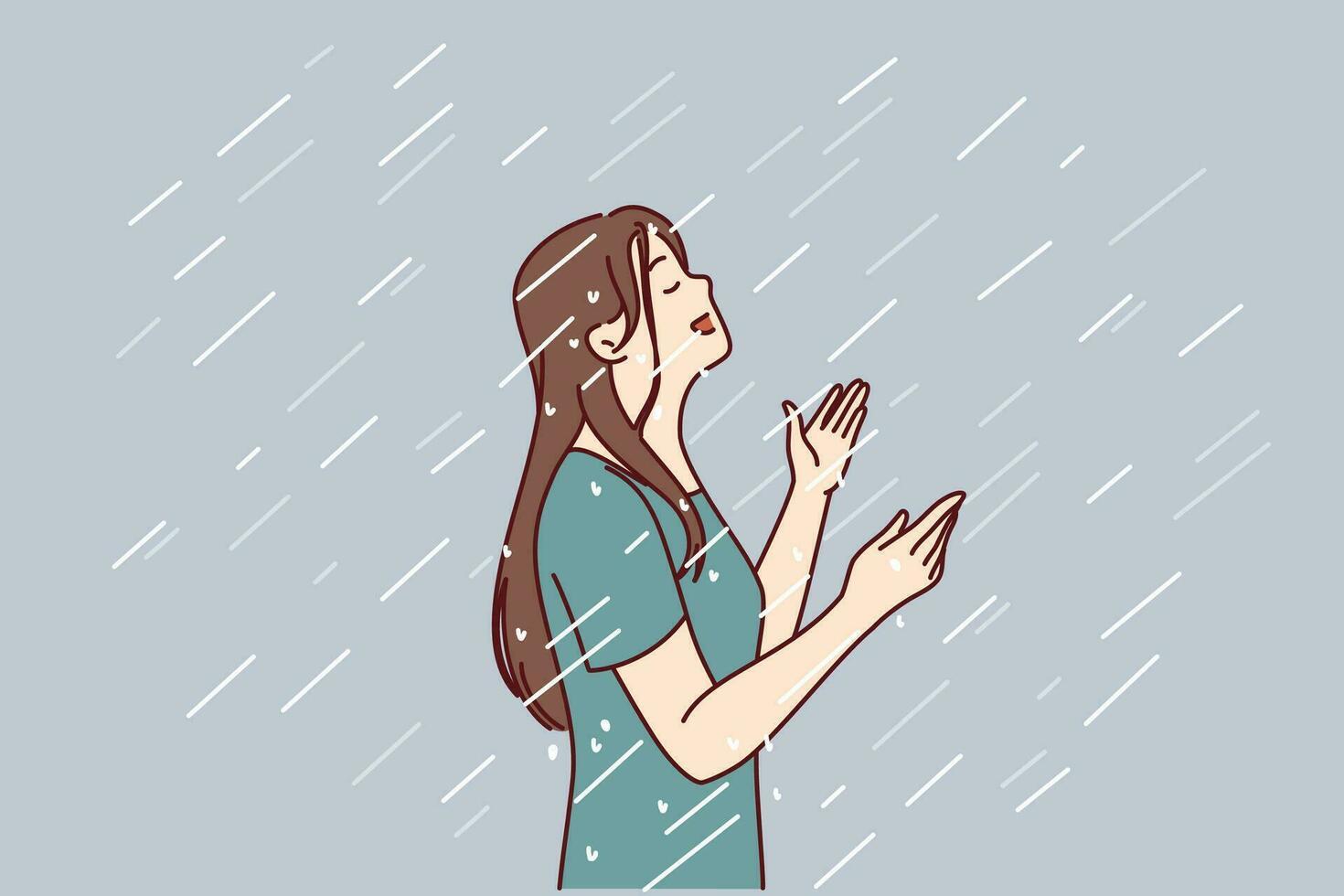 Woman enjoys rain standing under drops falling from sky in wet t-shirt and raising head up. Happy young girl rejoices in autumn rain after long summer drought caused by hot climate vector